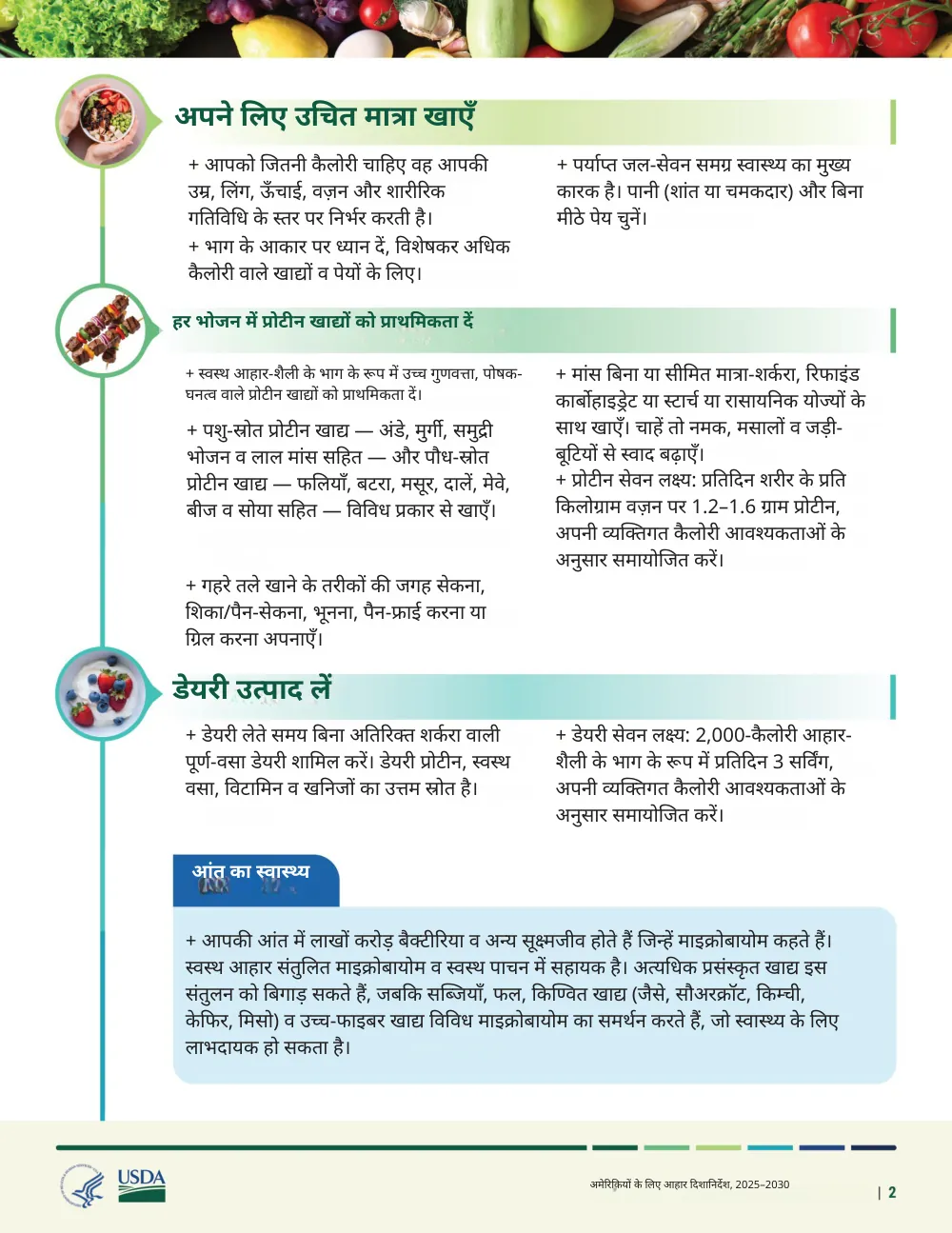 The same page translated into Hindi by Reglyph: headings such as “अपने लिए उचित मात्रा खाएँ”, the two-column bullet lists, the blue “आंत का स्वास्थ्य” callout box, the food photos and the USDA/HHS logos stay in their original positions