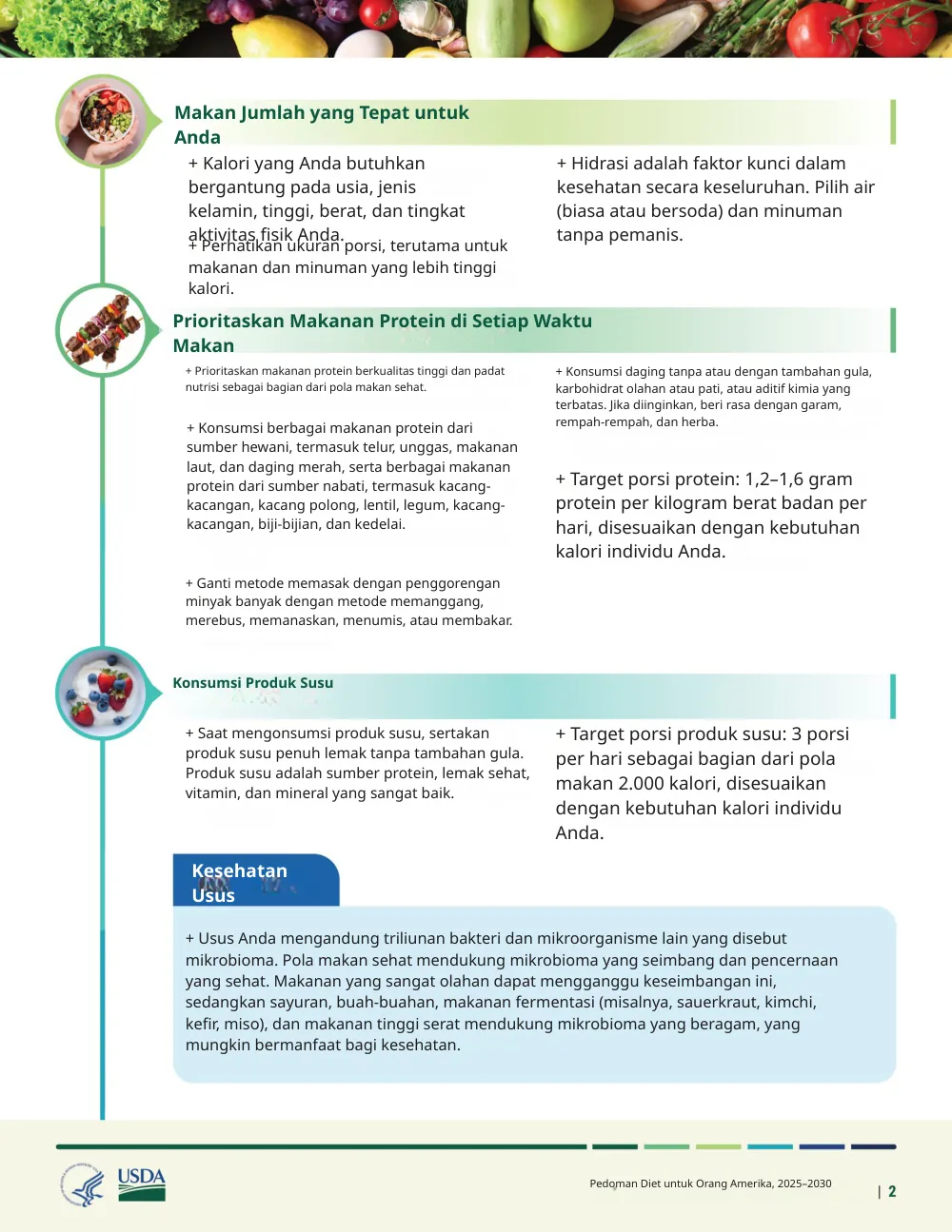 The same page translated into Indonesian by Reglyph: headings such as “Makan Jumlah yang Tepat untuk Anda”, the two-column bullet lists, the blue “Kesehatan Usus” callout box, the food photos and the USDA/HHS logos stay in their original positions