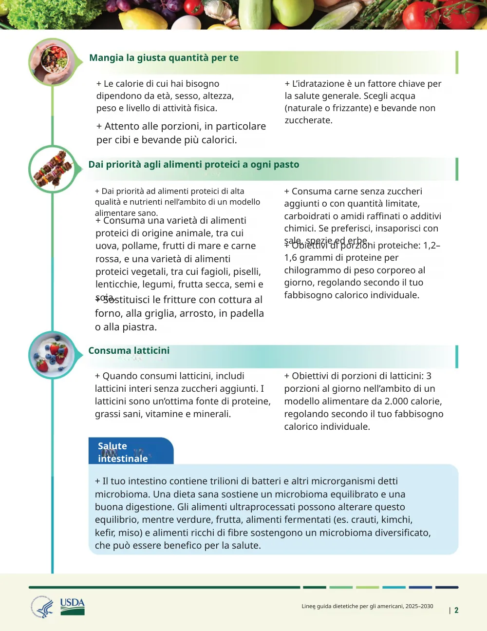 The same page translated into Italian by Reglyph: headings such as “Mangia la giusta quantità per te”, the two-column bullet lists, the blue “Salute intestinale” callout box, the food photos and the USDA/HHS logos stay in their original positions