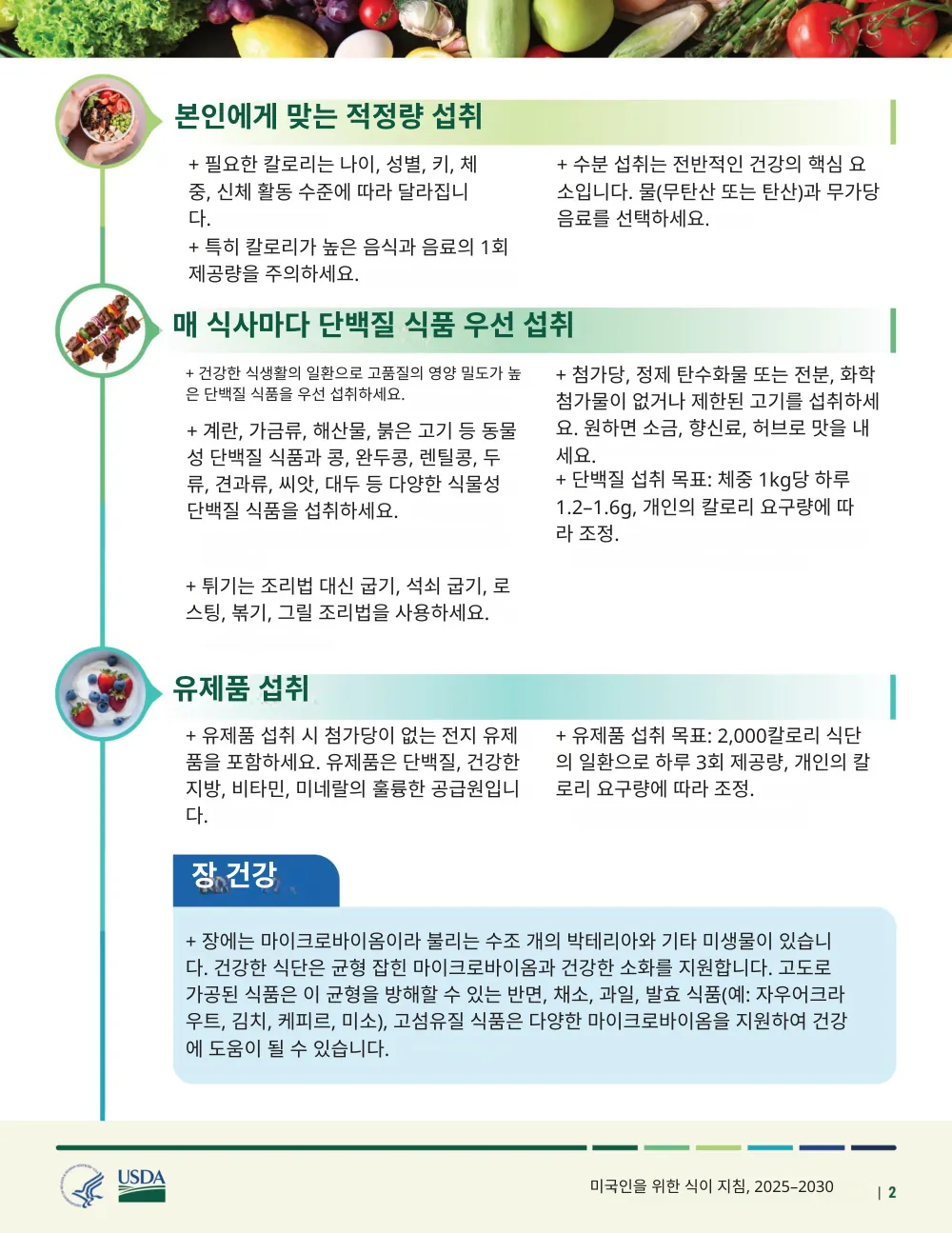The same page translated into Korean by Reglyph: headings such as “본인에게 맞는 적정량 섭취”, the two-column bullet lists, the blue “장 건강” callout box, the food photos and the USDA/HHS logos stay in their original positions