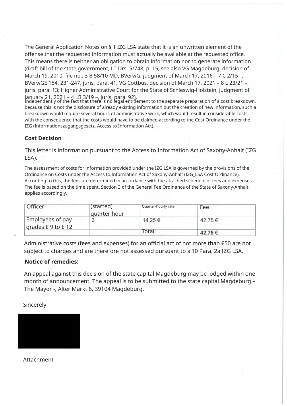 The same page in English with the fee table and redaction intact