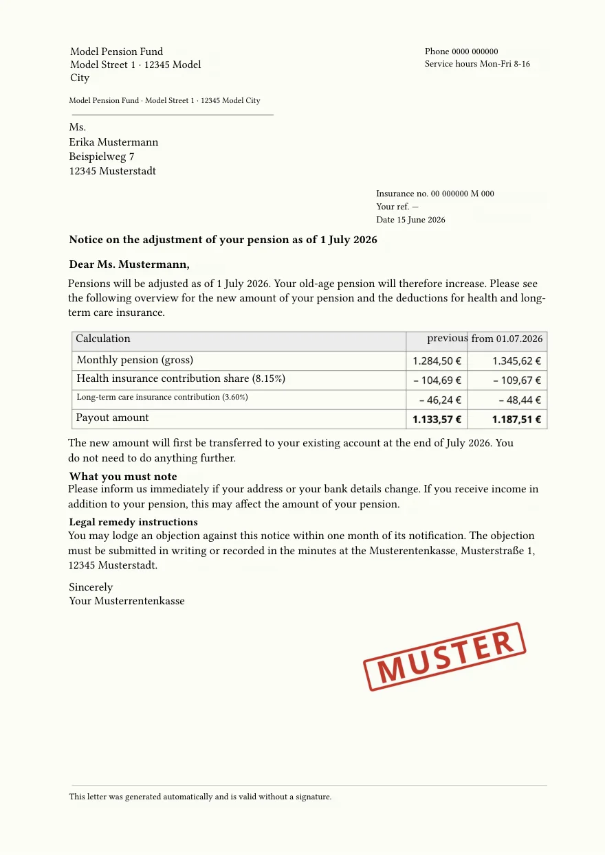 Übersetzung von Reglyph: derselbe Brief auf Englisch, Beträge in denselben Tabellenzellen, MUSTER-Stempel unverändert