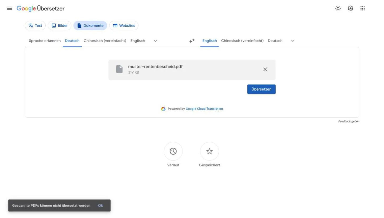 Google Übersetzer, Tab Dokumente: Nach dem Upload eines gescannten PDFs erscheint unten links die Meldung „Gescannte PDFs können nicht übersetzt werden“