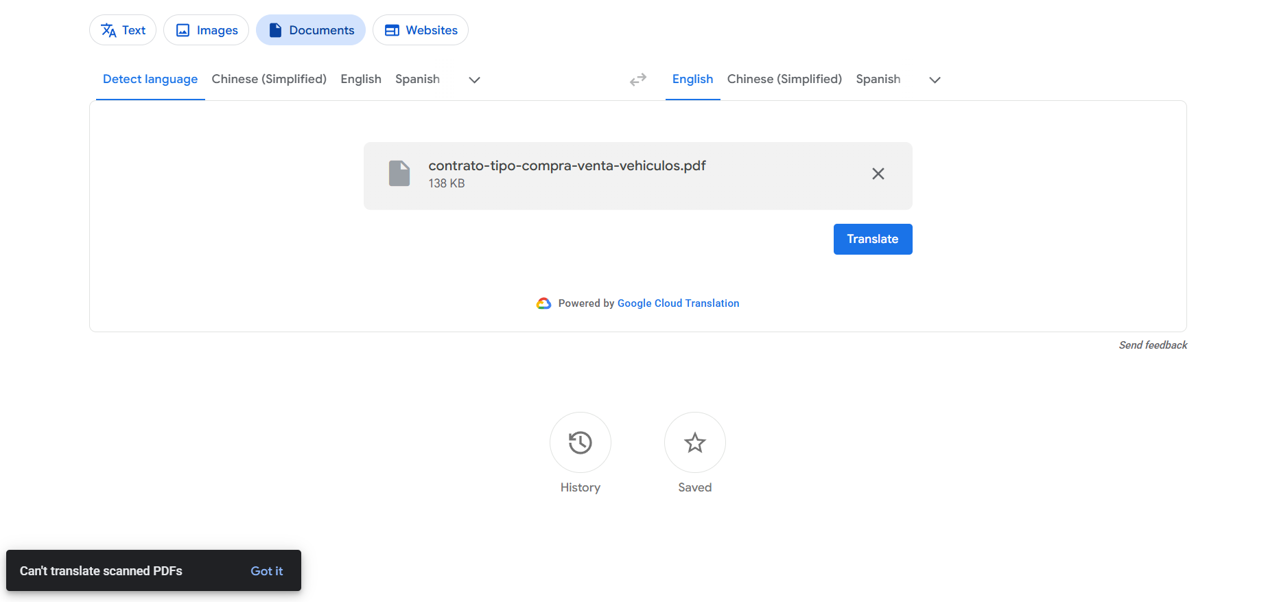 Google Translate's Documents tab showing the message 'Can't translate scanned PDFs'