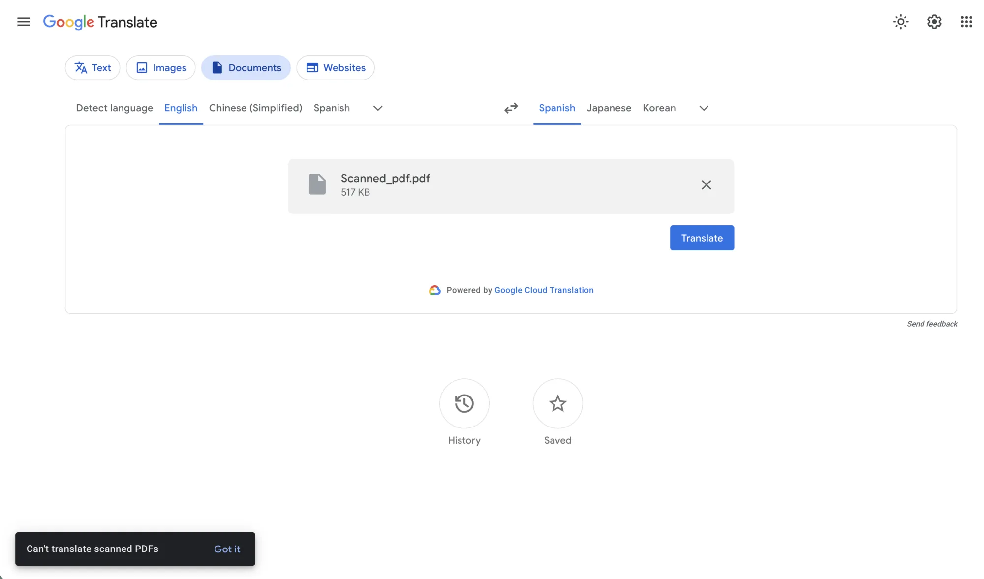 Google Translate after uploading a scan: Can't translate scanned PDFs