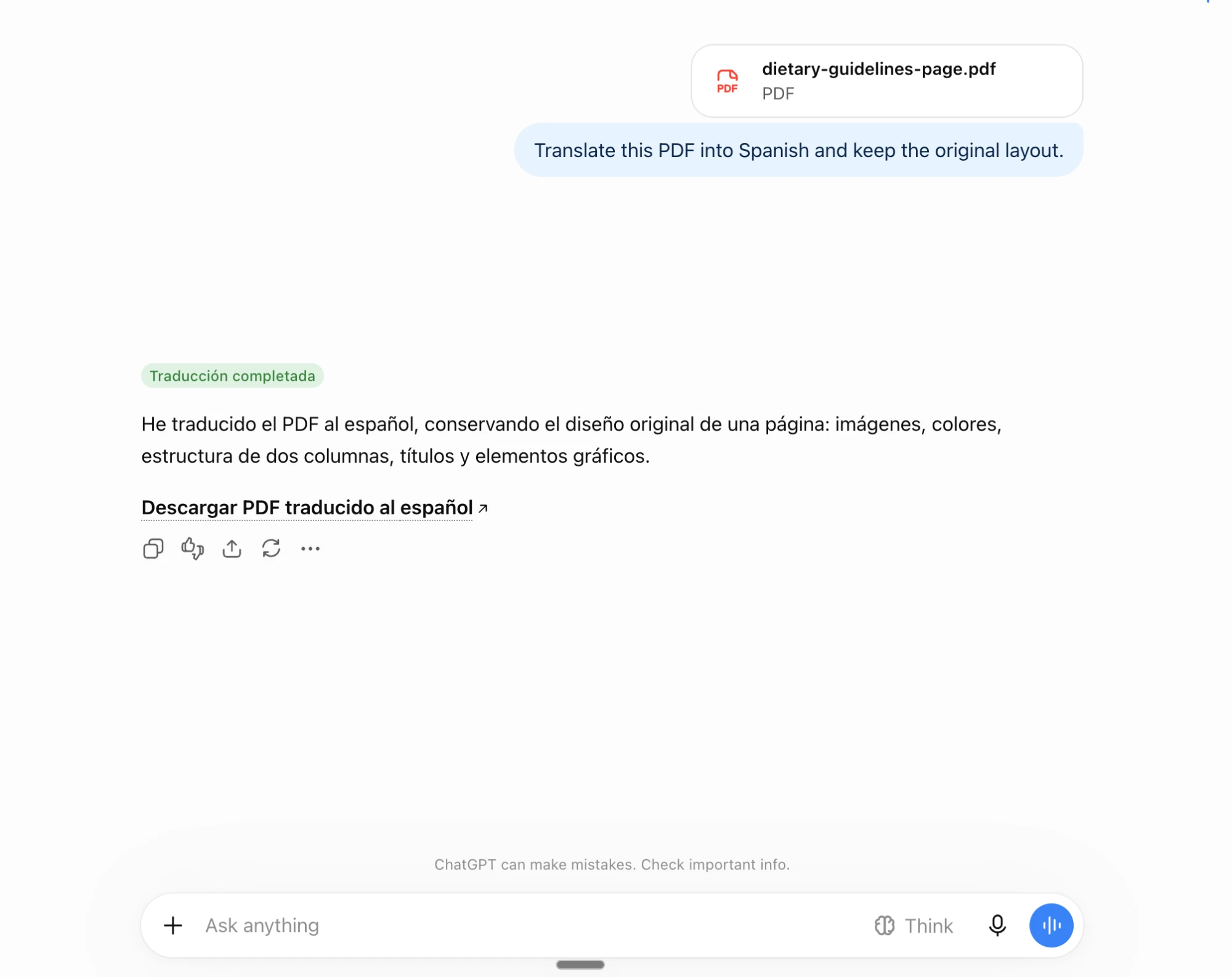 ChatGPT conversation: after uploading dietary-guidelines-page.pdf and asking for a Spanish translation that keeps the layout, it replies 'Traducción completada' with a link to download the translated PDF