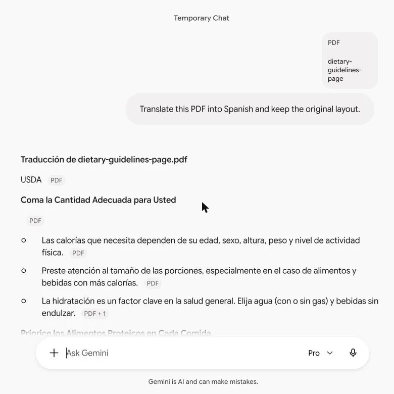 Gemini's Spanish translation in the chat: headings and bullets, no page