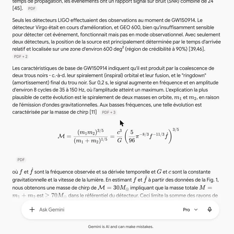 Gemini conversation showing the French translation of the physics paper, with the chirp-mass equation rendered as clean math