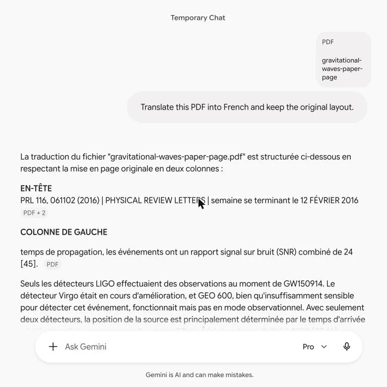 Gemini's French translation in the chat, split by left and right column
