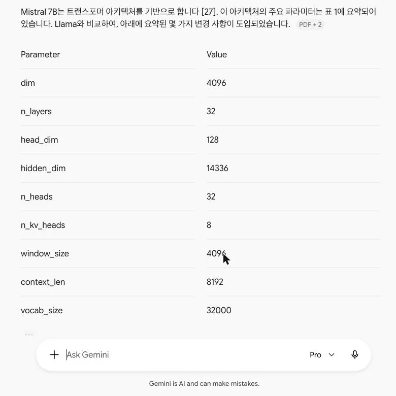 Gemini's parameter table in the chat, header left untranslated