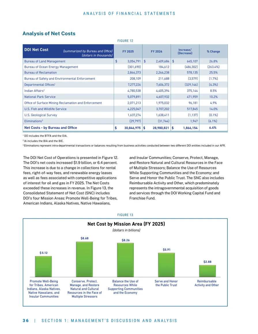 Original: financial report page with a net-cost table and bar chart
