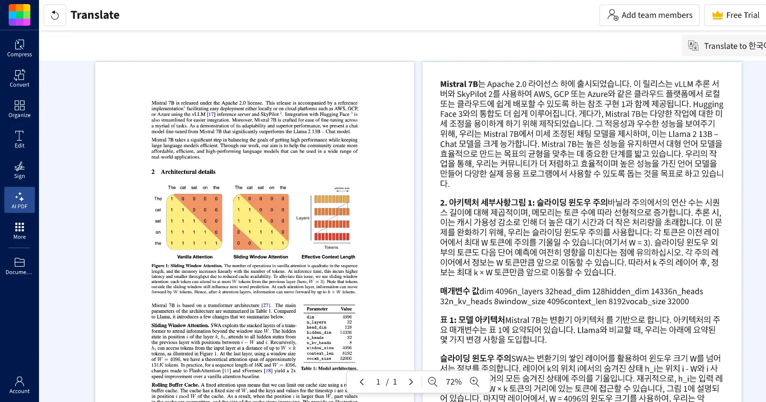Smallpdf: a long column of plain Korean text beside the original, the parameter table flattened to one line