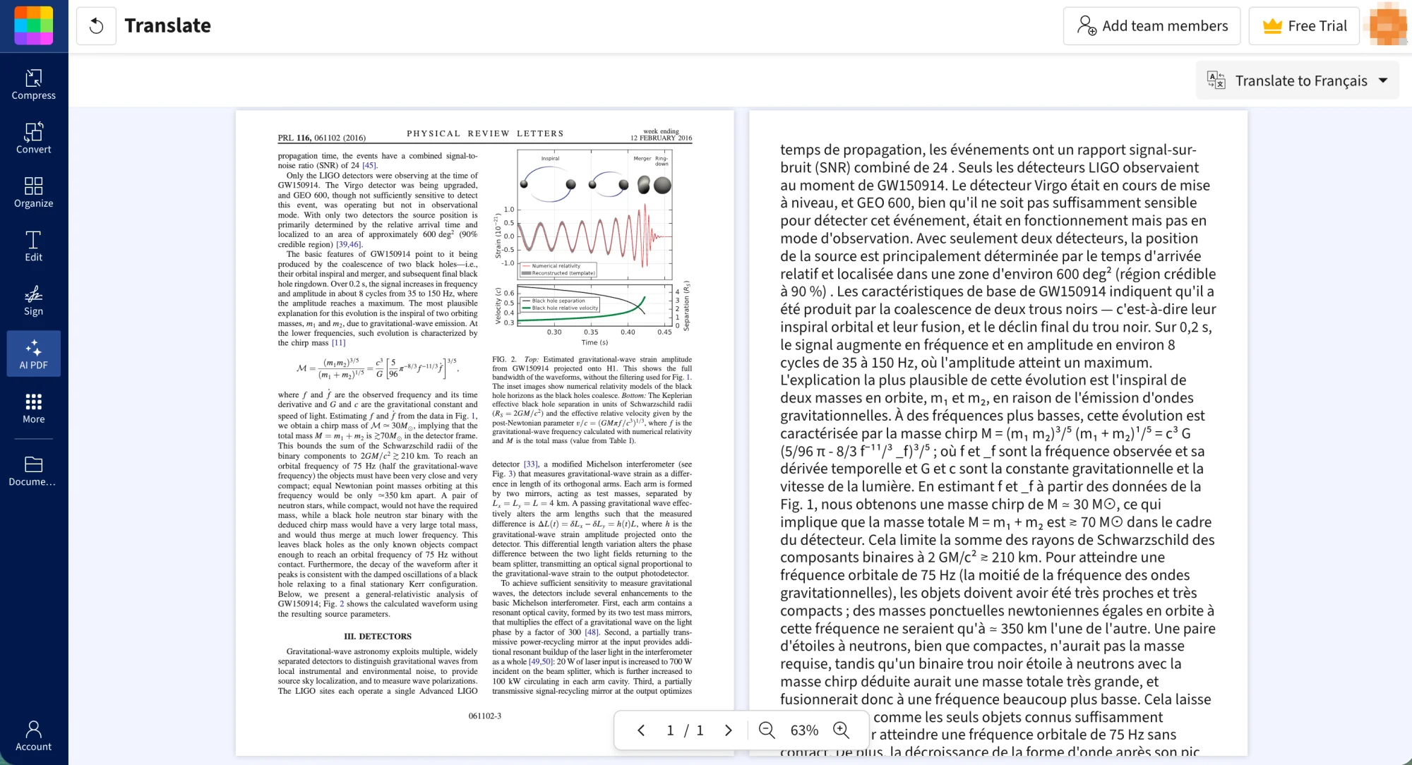 Smallpdf: a long column of plain French text beside the original