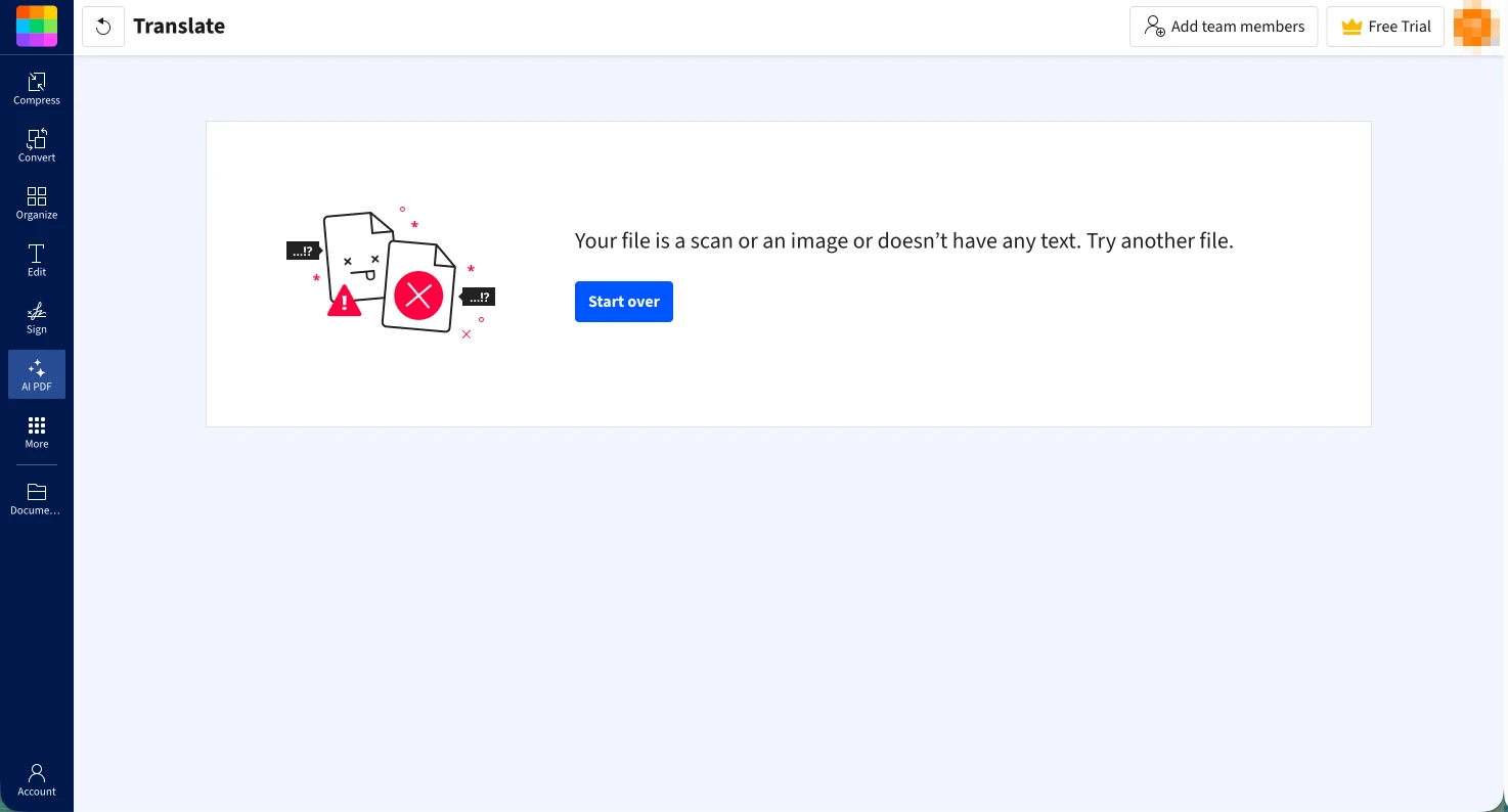Smallpdf after uploading a scan: the file is a scan or an image, try another file